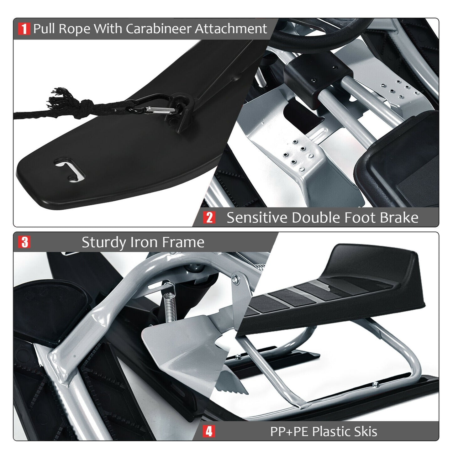 Kids Snow Sled with Steering Wheel and Double Brakes-Black