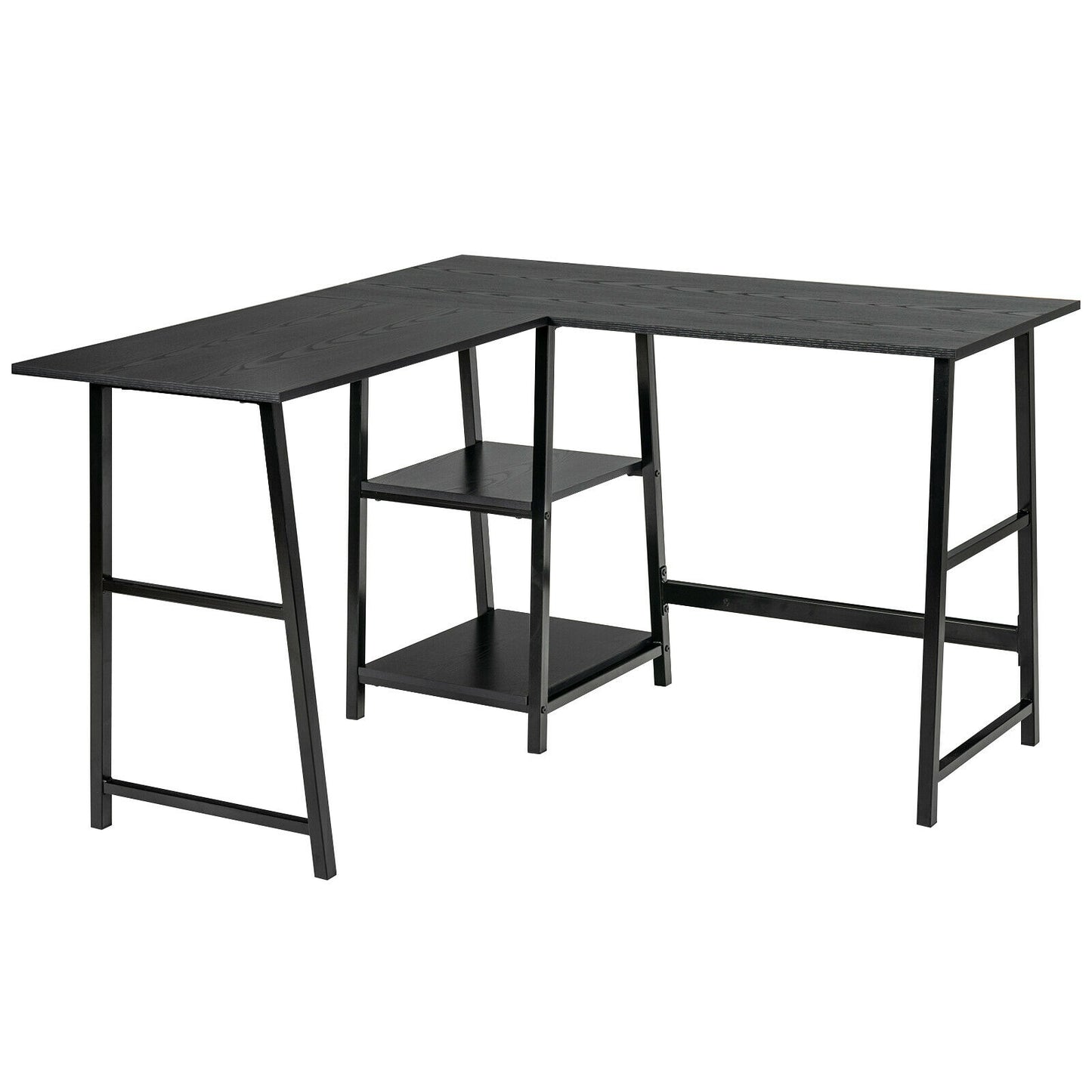 L Shaped Corner Computer Desk with Storage Shelves-Black - Black