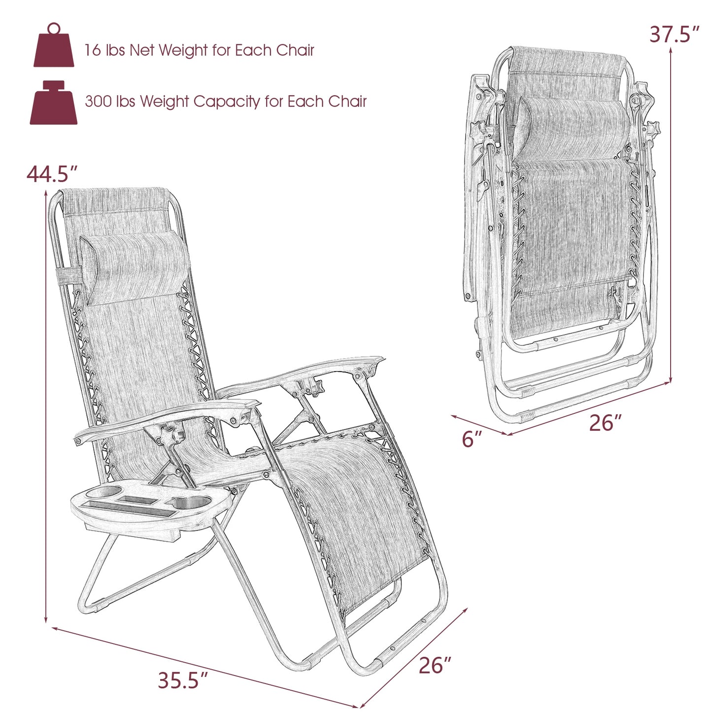 2 Pieces Folding Lounge Chair with Zero Gravity-Orange - Dark Red