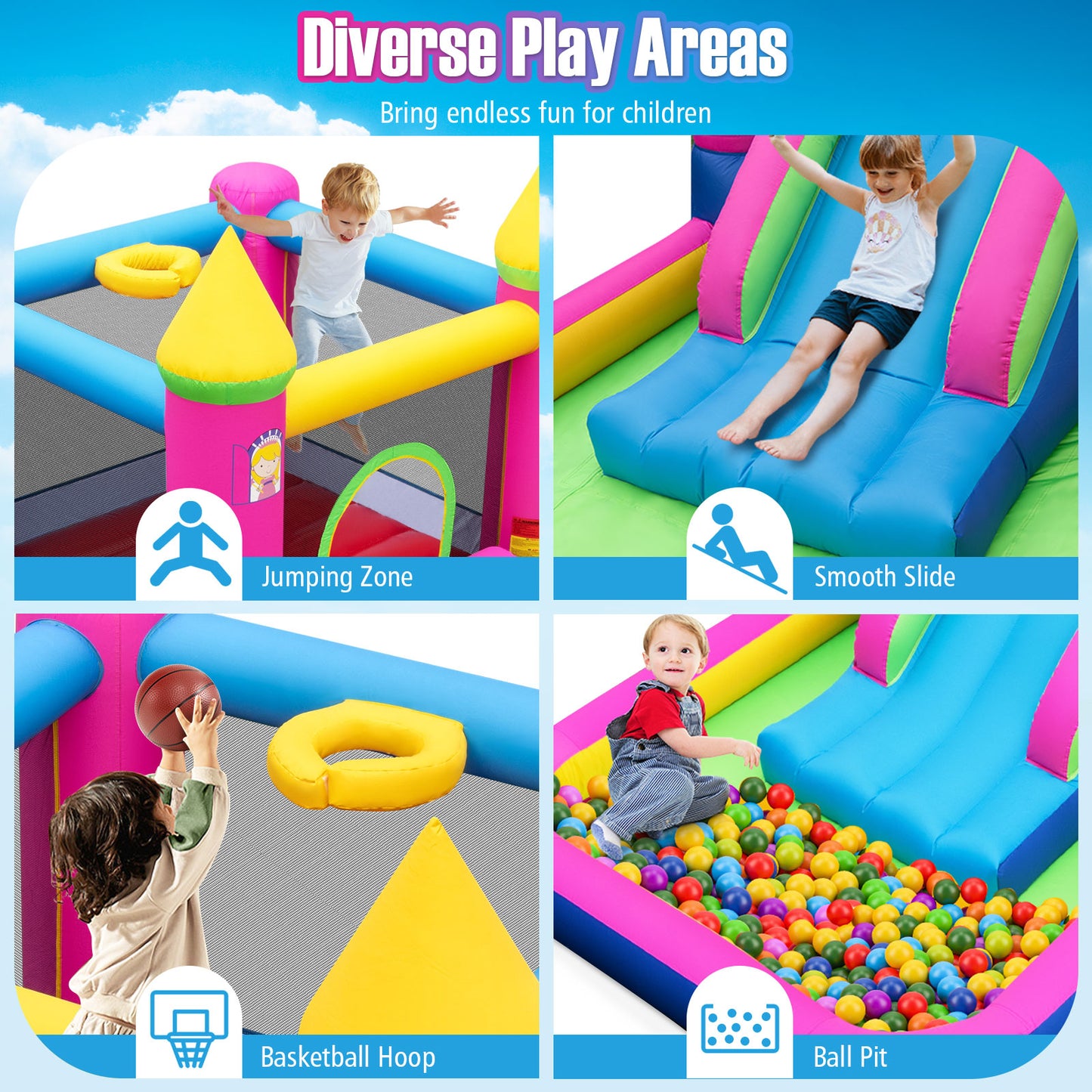 Inflatable Bounce House 4-in-1 Kids Princess-themed Bouncer Blow-up Bouncy Castle