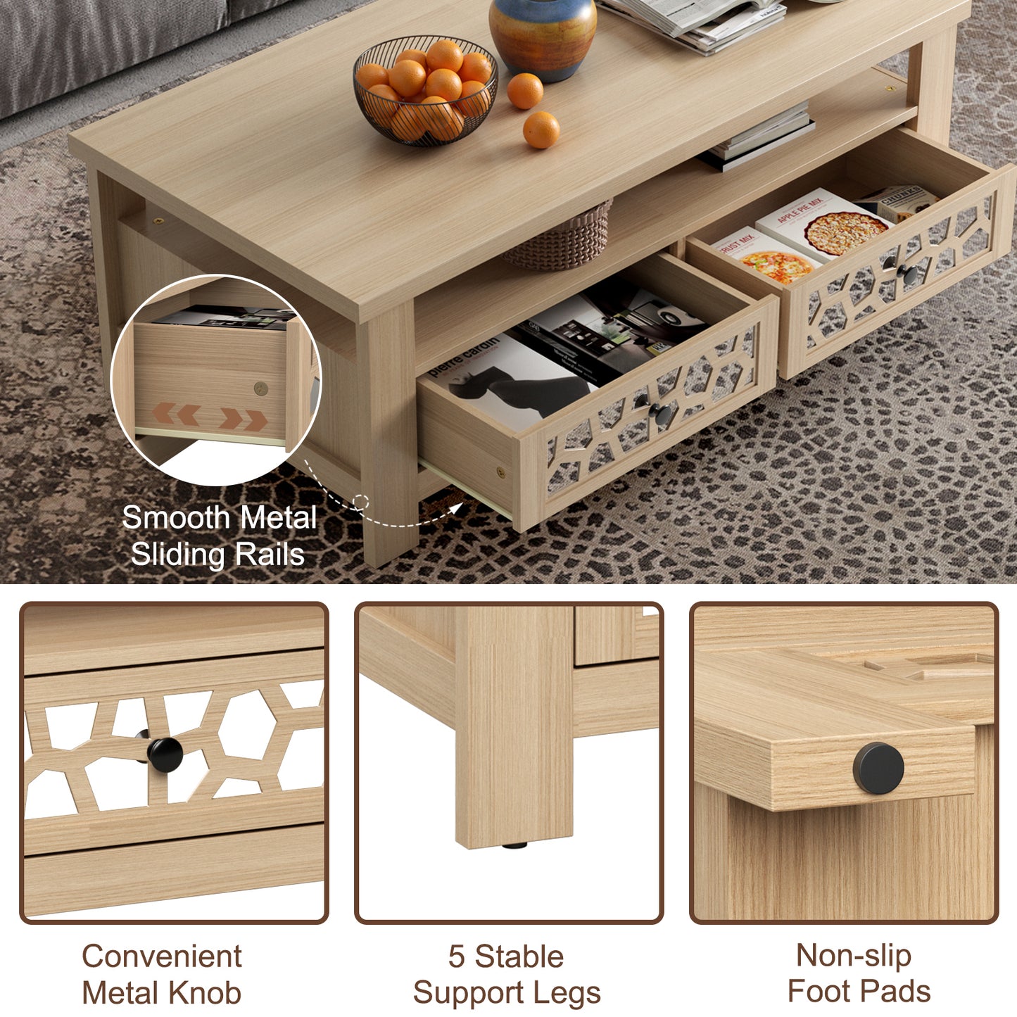 3-tier Coffee Table with 2 Drawers and 5 Support Legs-Natural