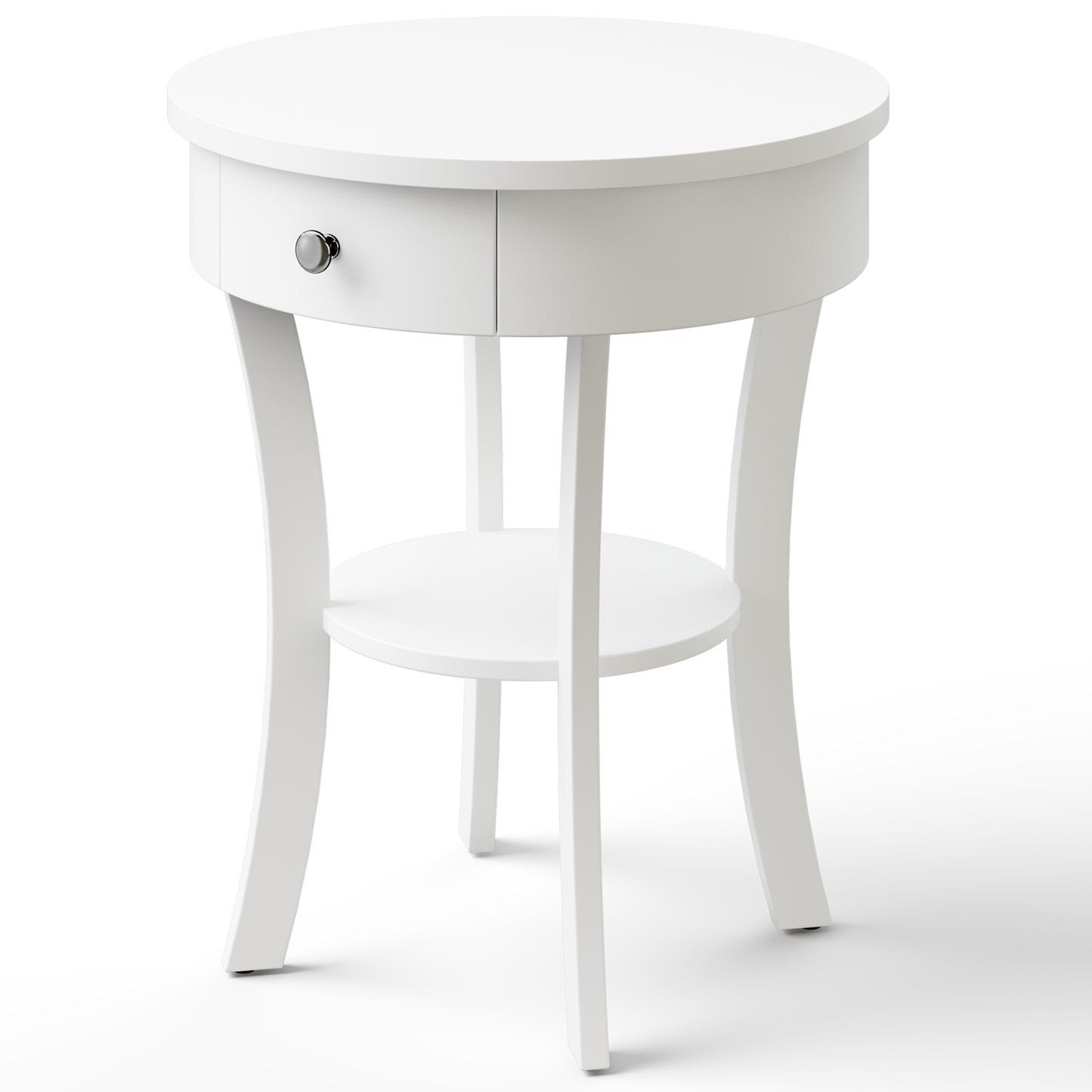 2-Tier Wood Round End Table with Open Drawer-Brown - White