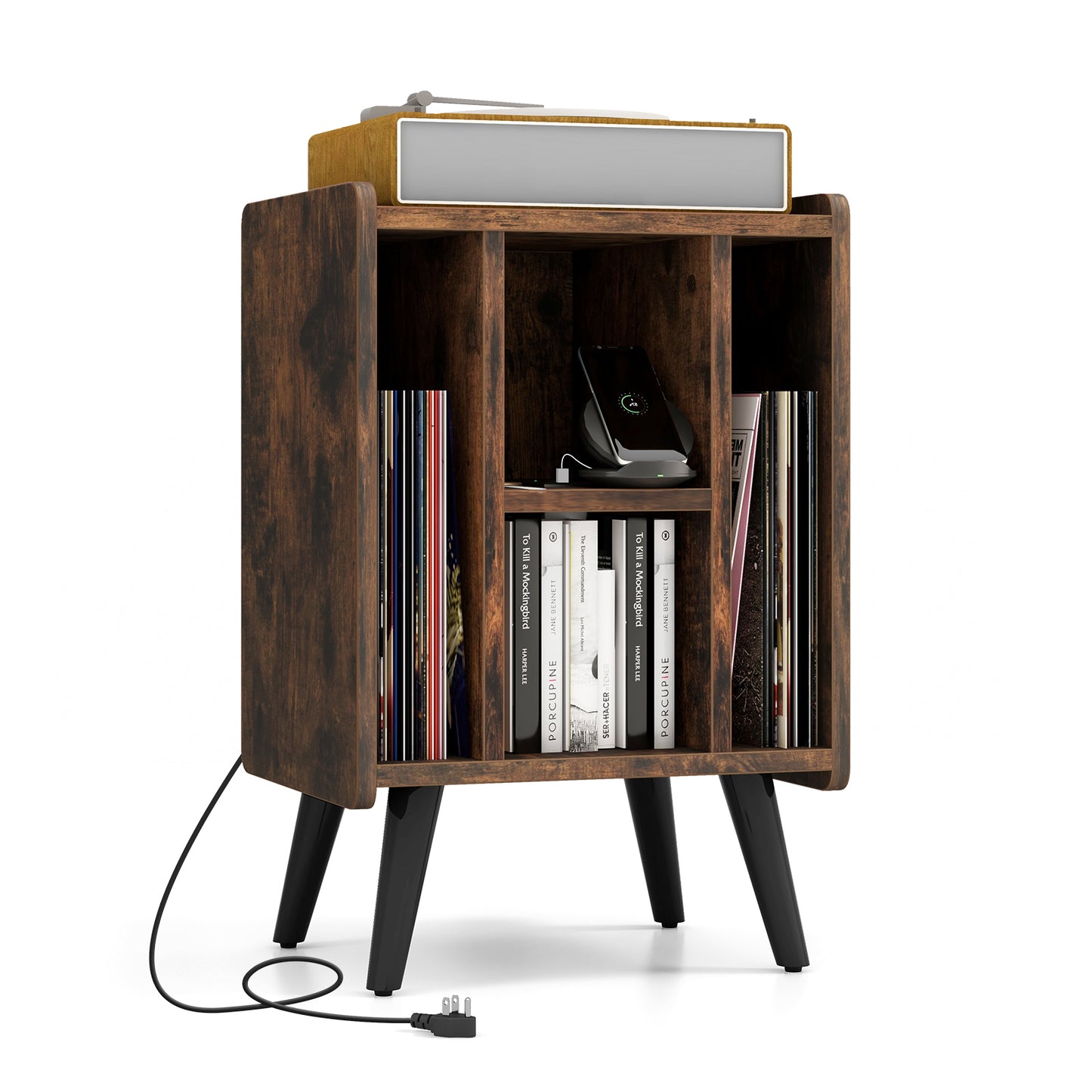 Vinyl Record Storage Turntable Stand with 4 Open Shelves-Brown - Brown