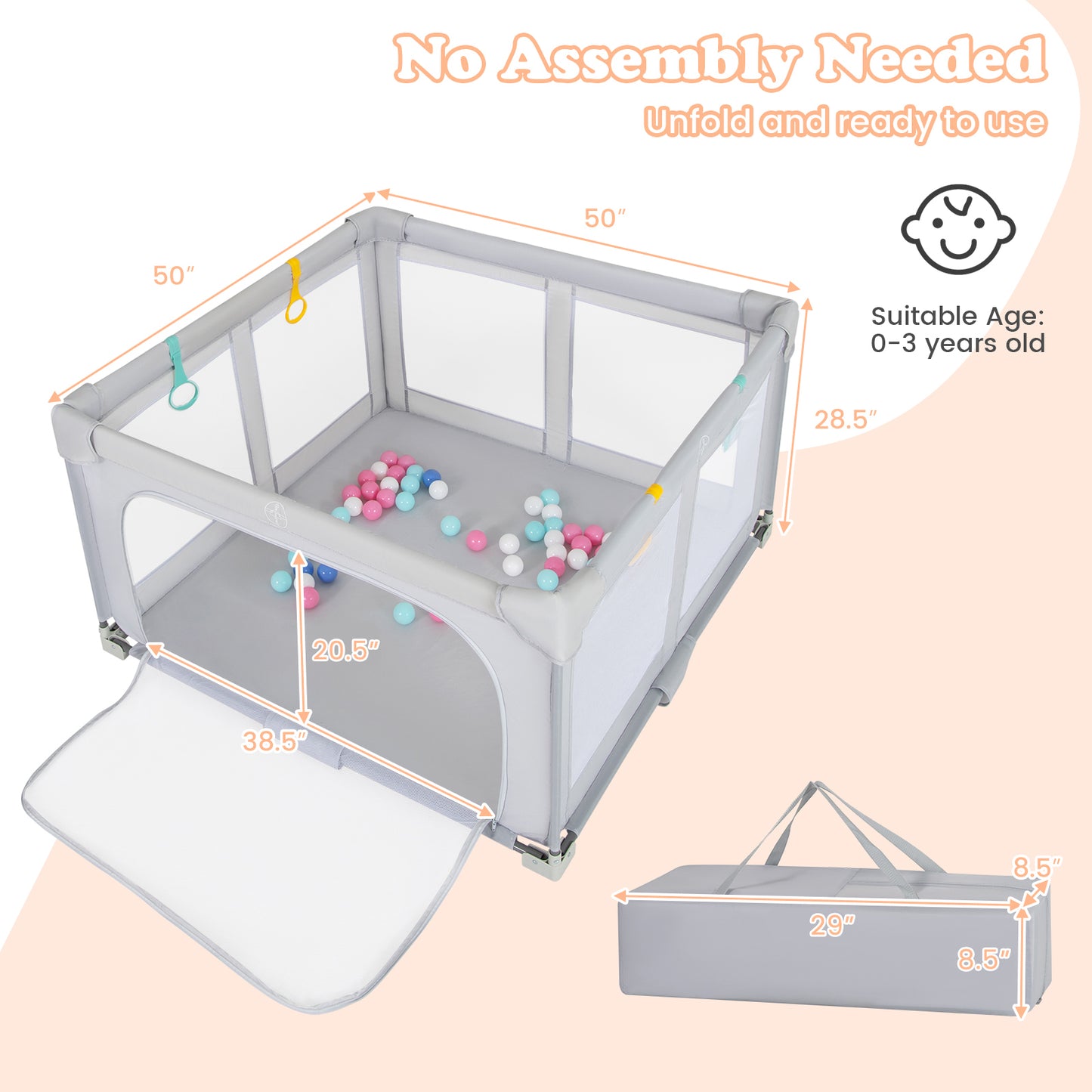 Large Baby Playpen BPA-Free Foldable Toddlers Safety Fence Play Yard with Zipper Gate