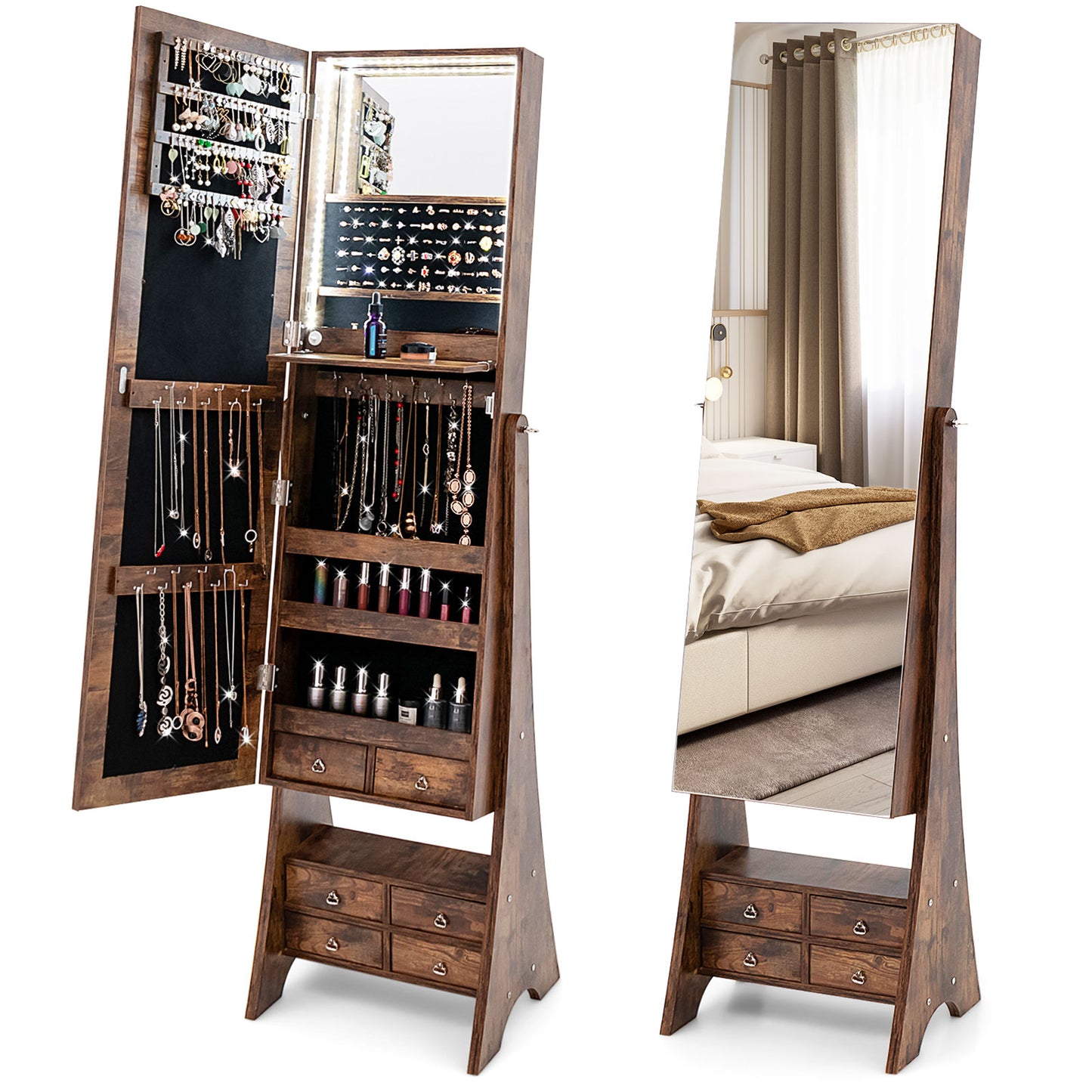 Freestanding Full Length LED Mirrored Jewelry Armoire with 6 Drawers-Rustic Brown - Rustic Brown