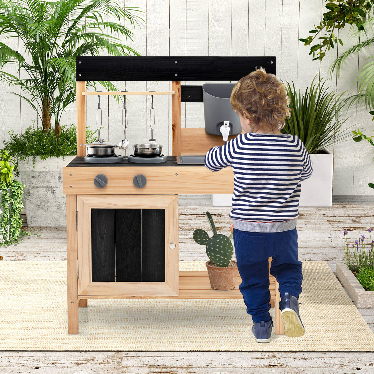 Mud Kitchen Playset Kids Play Kitchen Outdoor with 2 Removable Sinks-Natural