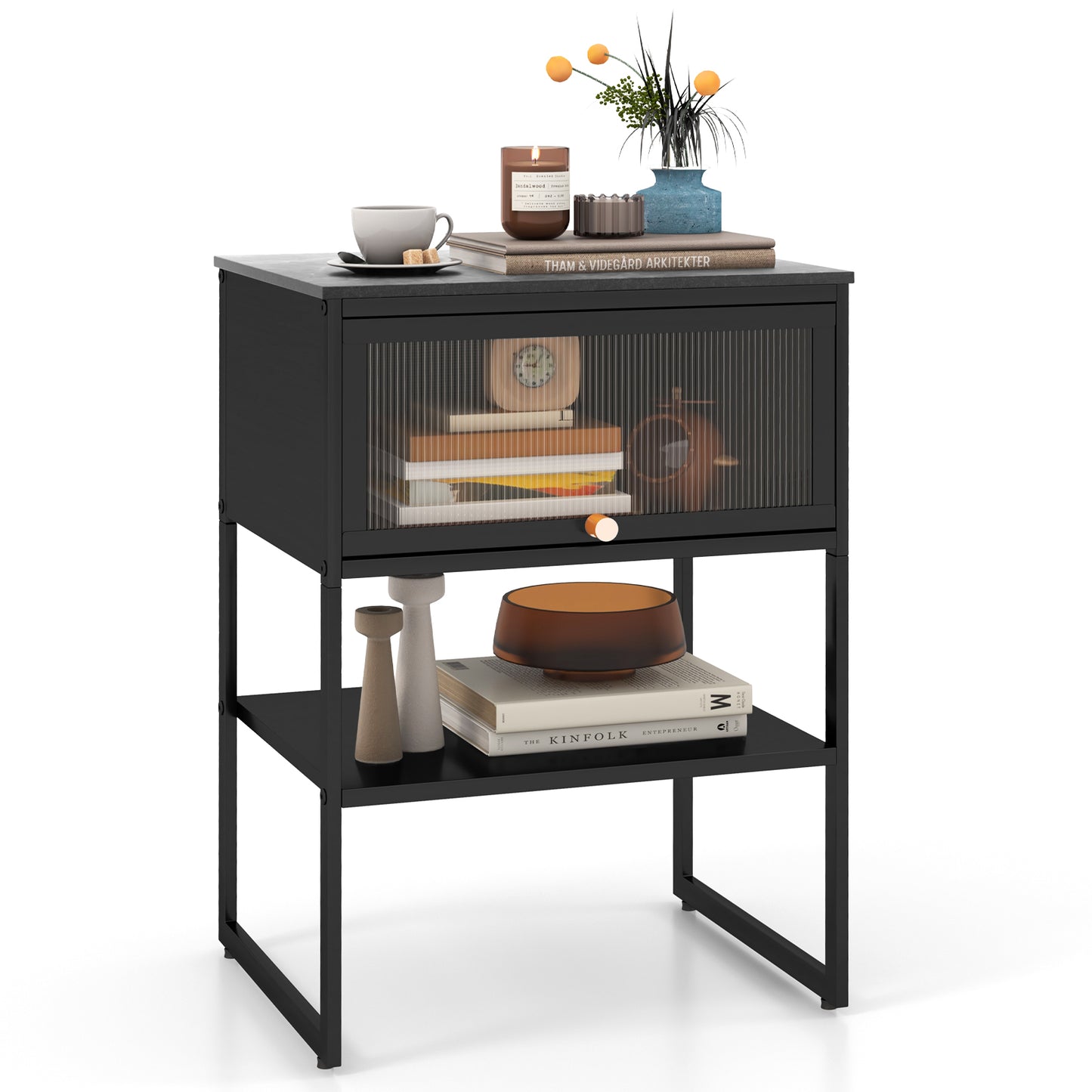 Nightstand with Flip up Door Storage Shelf-Black - Black