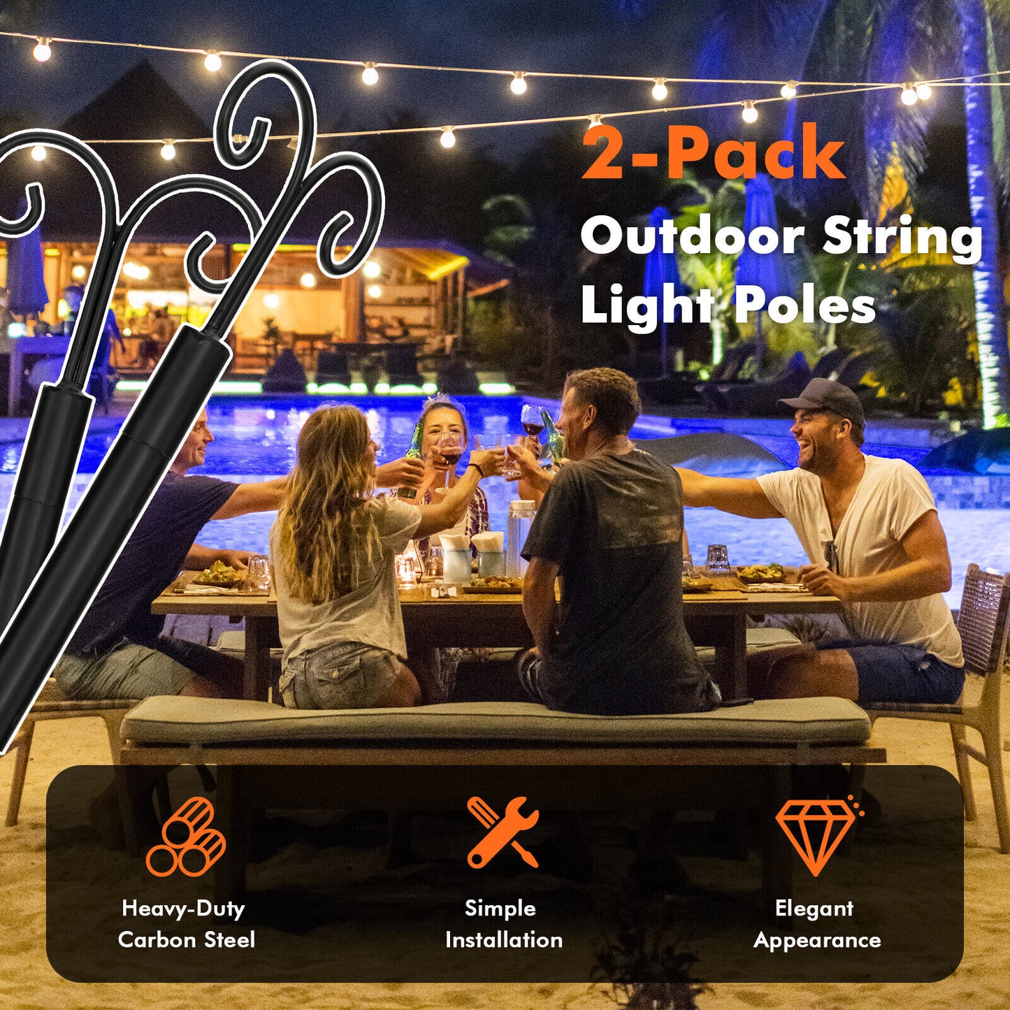 String Light Poles 2 Pack Outdoor Metal Poles with Top Arc Hook and 5-Prong Base-8 ft - 8 Ft