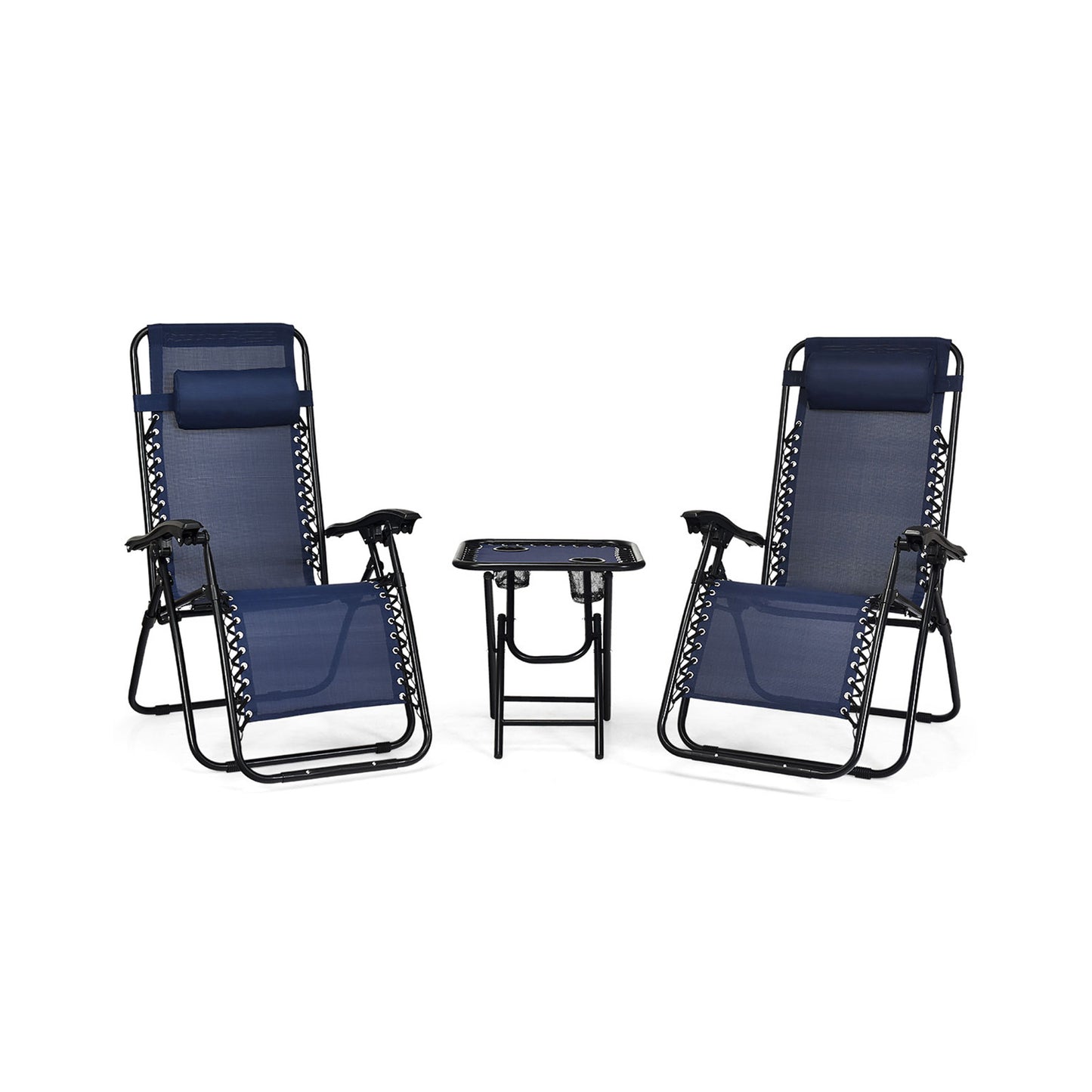 3 Pieces Folding Portable Zero Gravity Reclining Lounge Chairs Table Set-Black - Navy