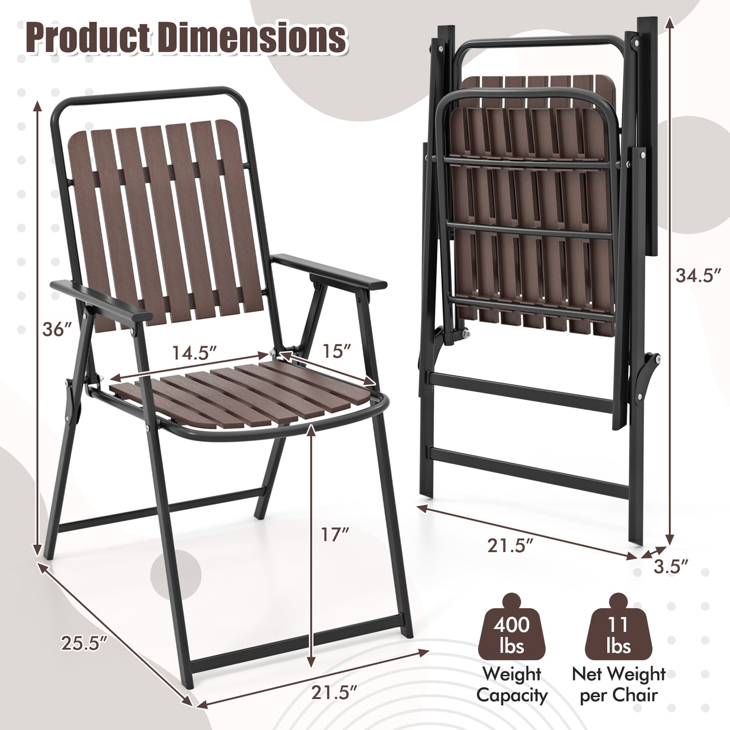 Folding Patio Dining Chairs Set of 4 - Heavy-Duty Metal Frame