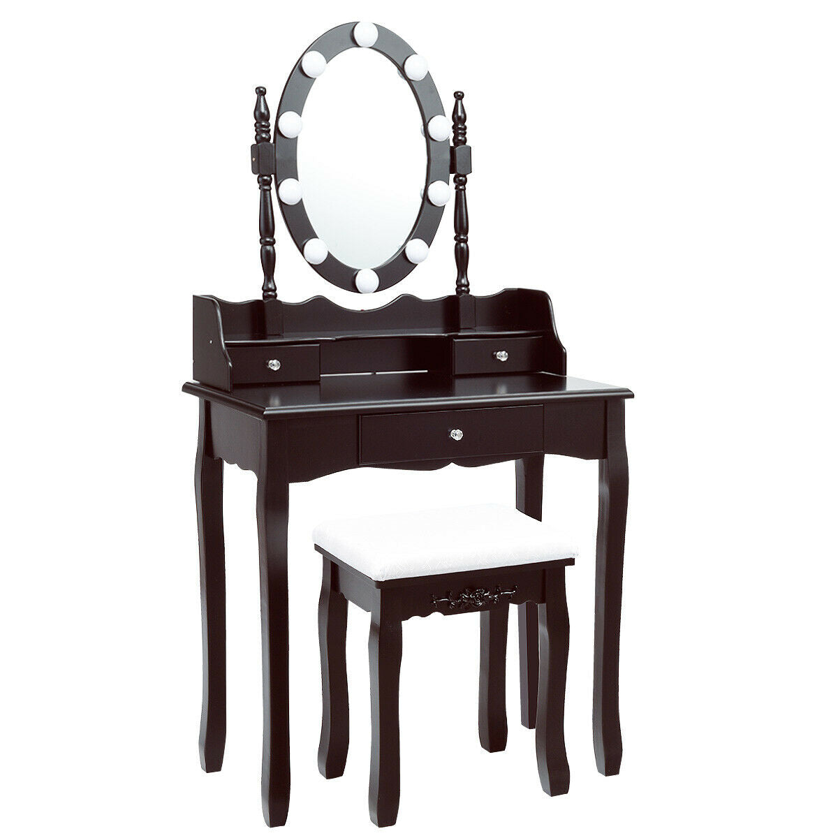 Oval Mirror Vanity Set with 10 LED Dimmable Bulbs and 3 Drawers-Brown - Brown