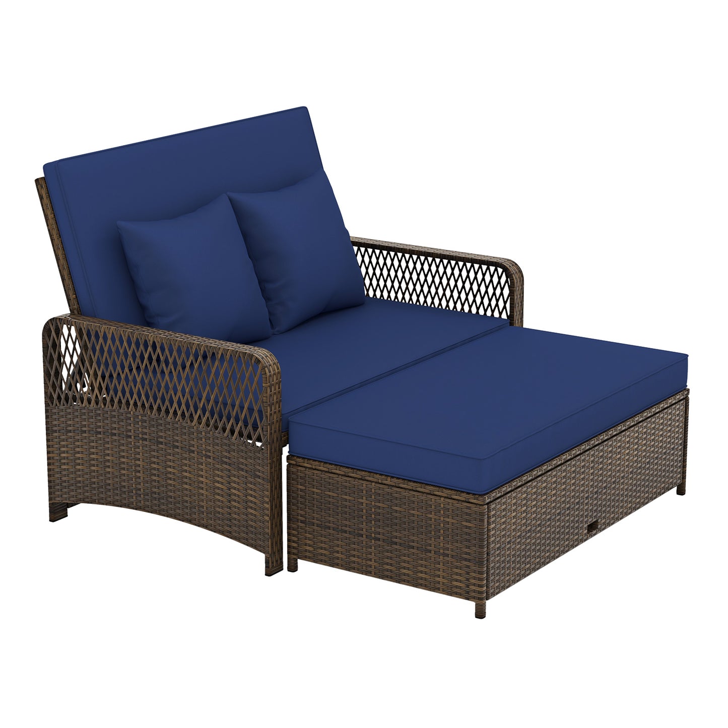 Patio Adjustable Wicker Daybed with 4-Level Backrest and Soft Cushions-Navy - Navy
