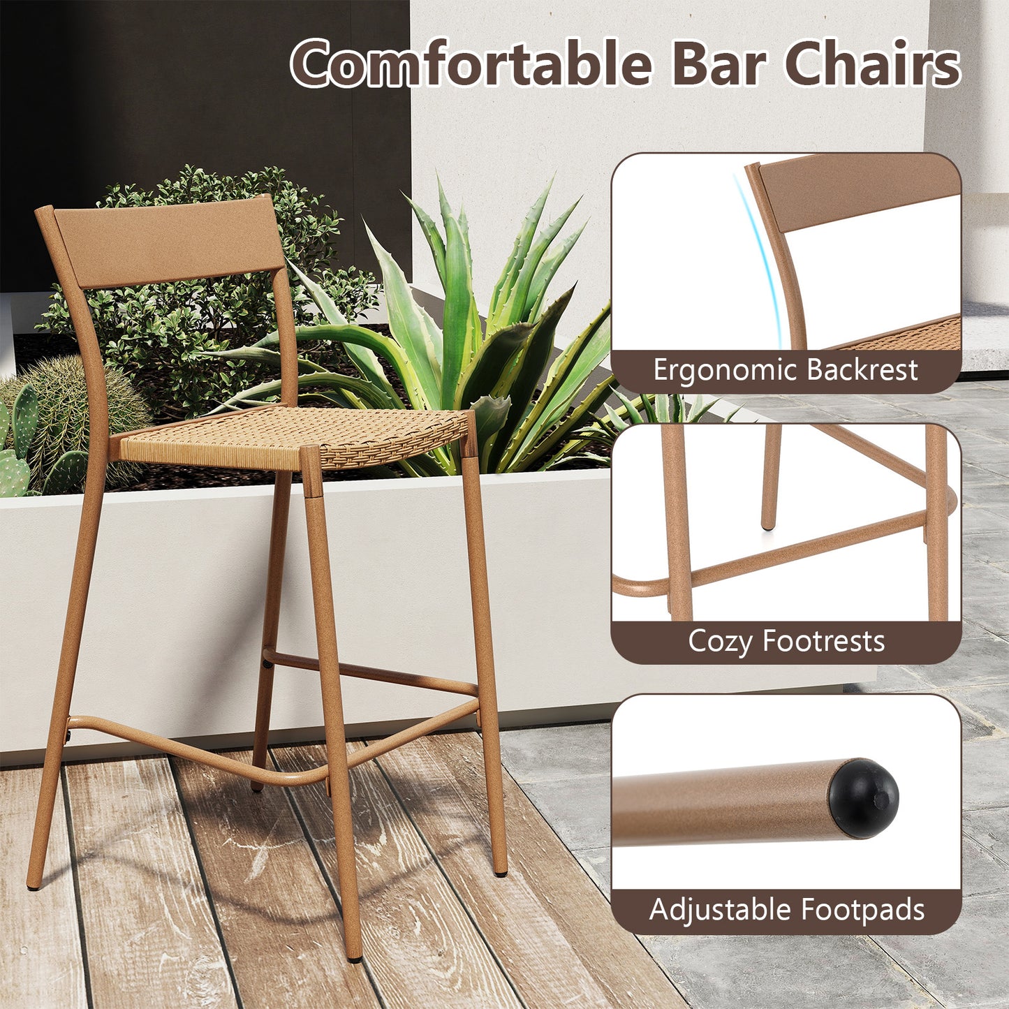 Patio Barstools Set of 2 with Rattan Seat and Metal Backrest-Light Brown