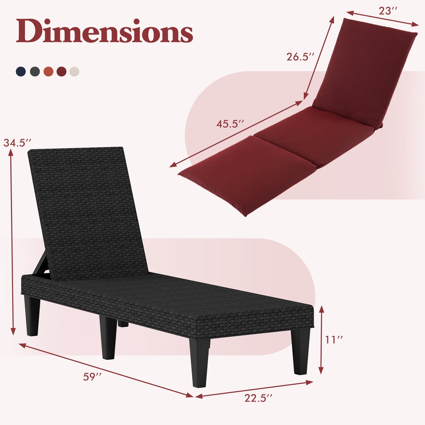 Patio Lounge Chair 3-Position Adjustable Backrest and Cushion-Red