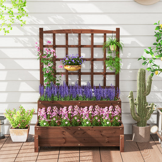 Raised Garden Bed with Trellis 2-tier Wood Planter Box with Drainage Holes-Rustic Brown