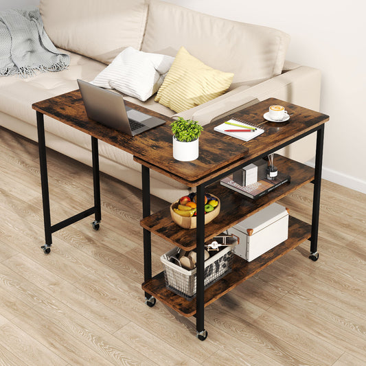 360° Rotating Sofa Side Table with Storage Shelves and Wheels