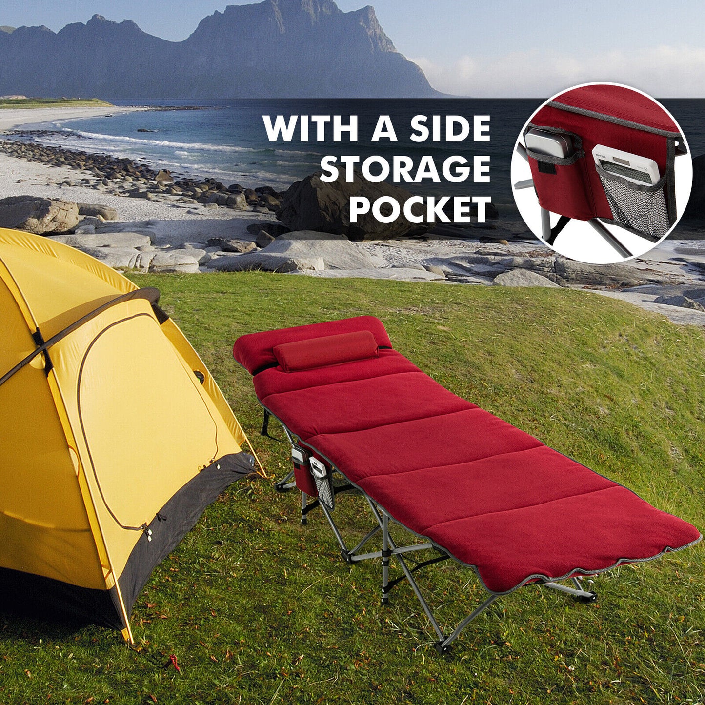 Folding Retractable Travel Camping Cot with Mattress and Carry Bag-Red - Red