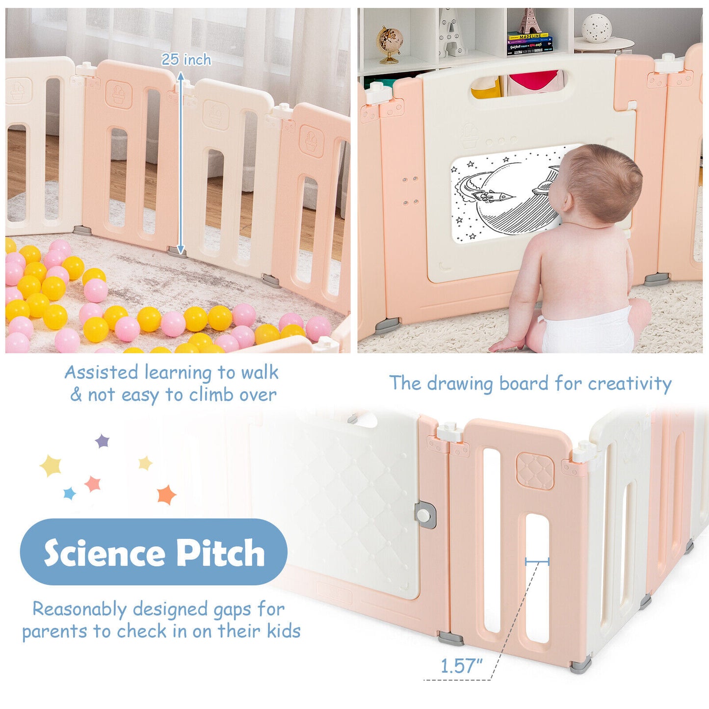 16 Panels Baby Safety Playpen with Drawing Board