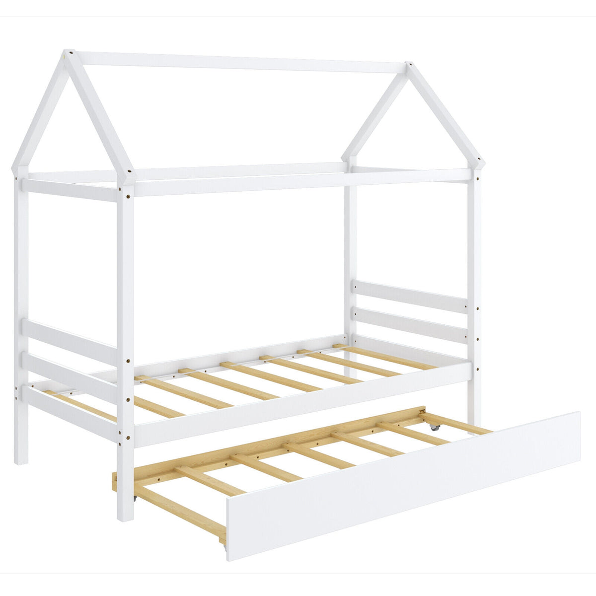 Kids Platform Bed Frame with Roof for Bedroom-White - White