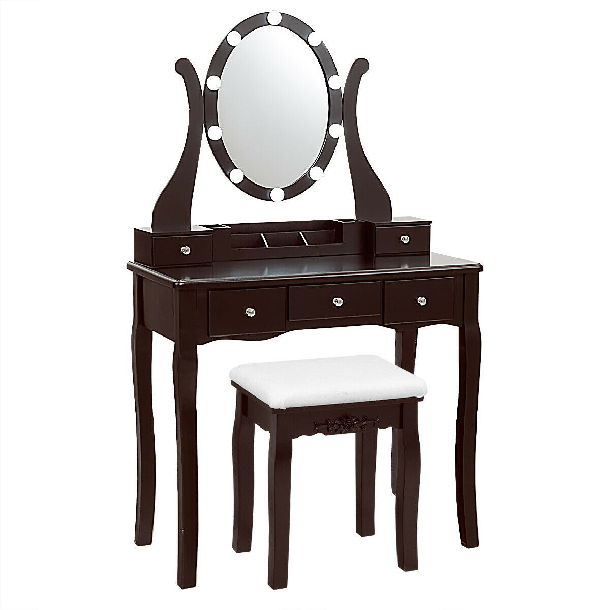 10 Dimmable Lights Vanity Table Set with Lighted Mirror and Cushioned Stool-Coffee - Coffee