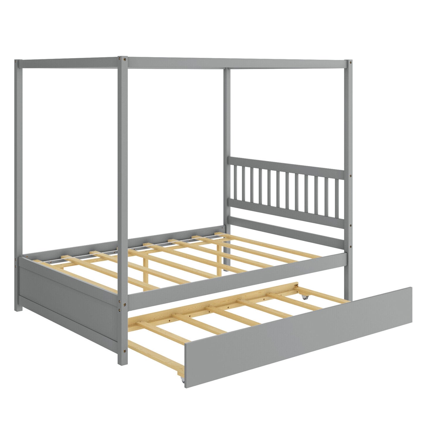 Full Size Canopy Bed with Trundle Wooden Platform Bed Frame Headboard-Gray - Gray