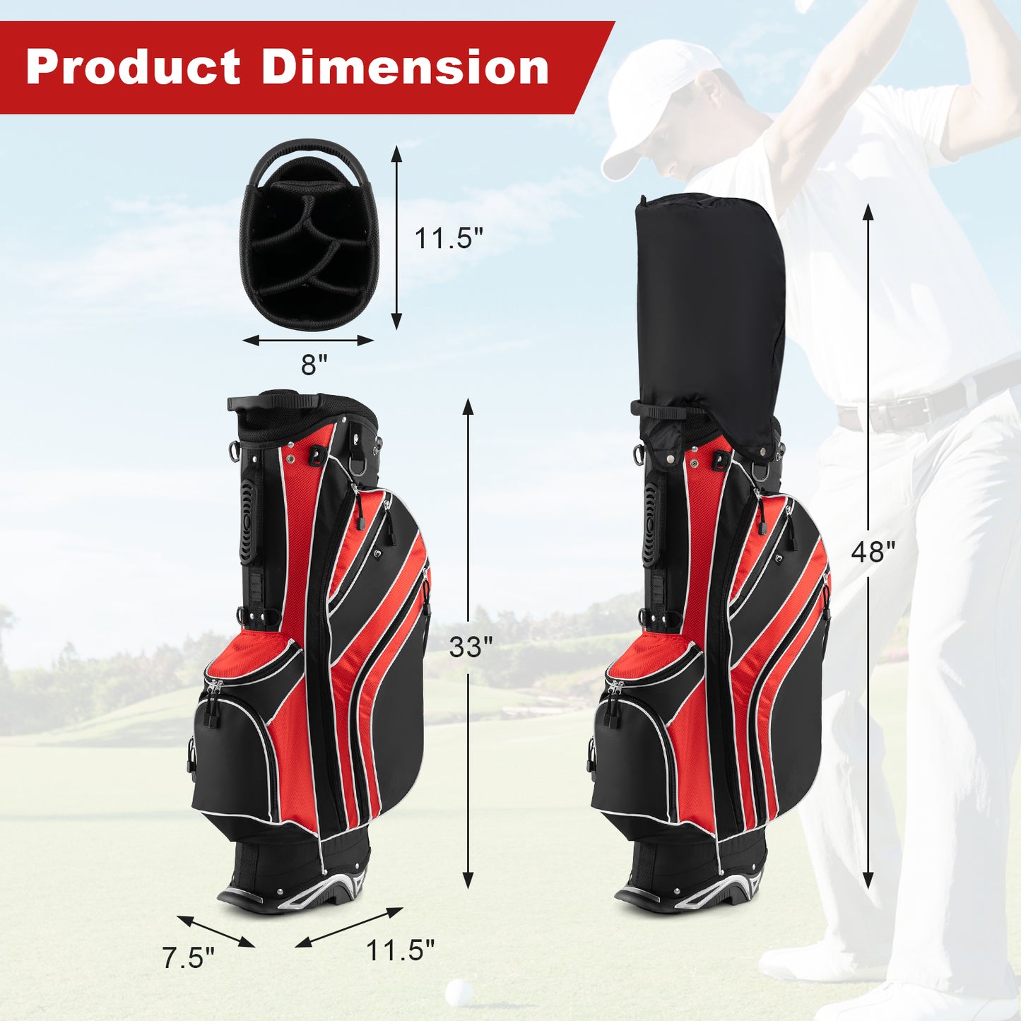 Golf Stand Cart Bag with 6-Way Divider Carry Pockets-Black - Red