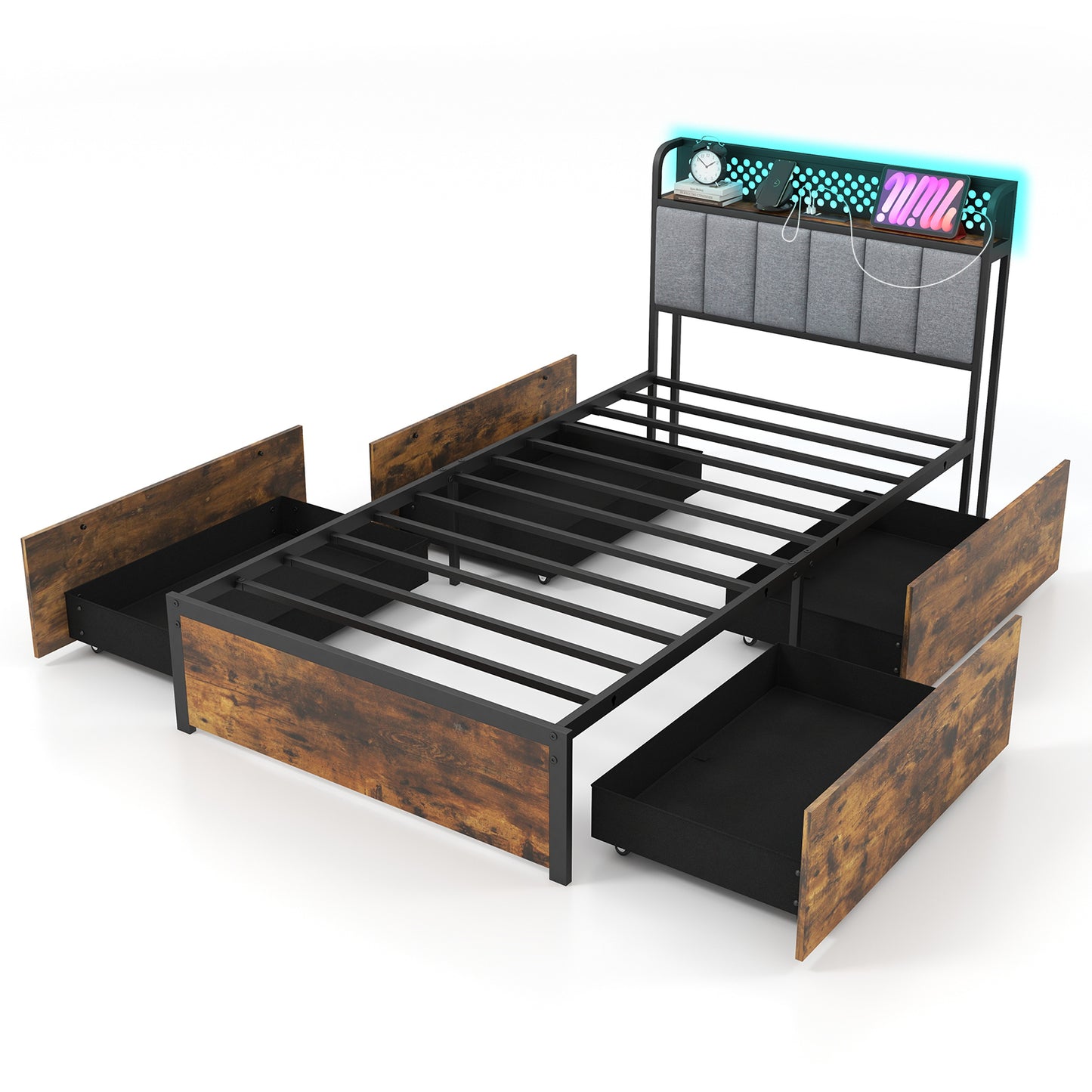 Twin/Full/Queen Bed Frame with LED Lights Upholstered Headboard and 4 Storage Drawers-Twin size - Twin Size