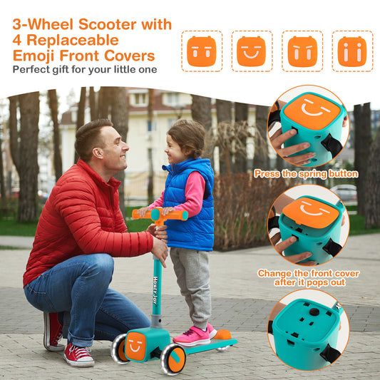 Folding Adjustable Kids Toy Scooter with LED Flashing Wheels Horn 4 Emoji Covers
