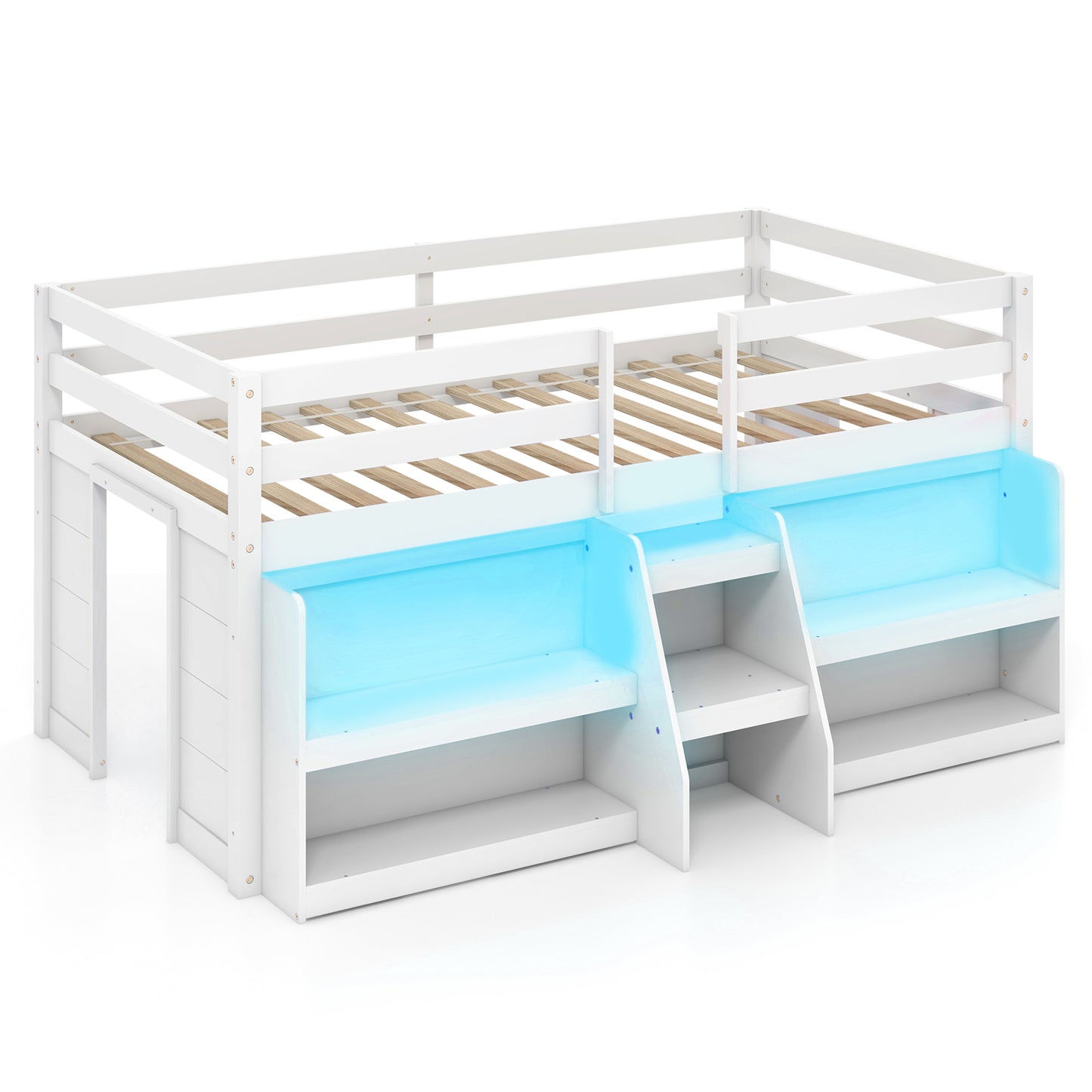Twin Size Loft Bed with LED Lights with Staircase and Safety Guardrail-Natural - White