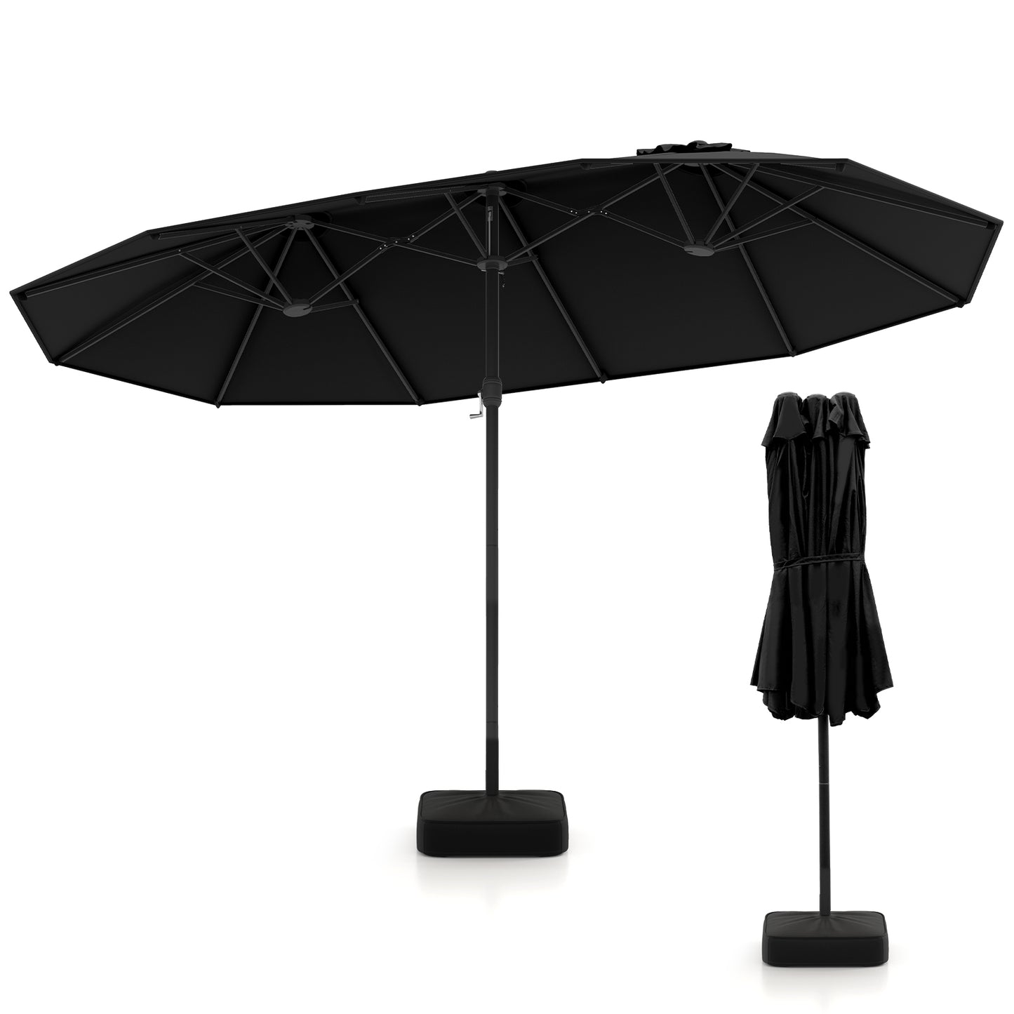 15 Feet Double-Sided Twin Patio Umbrella with Crank and Base-Black - Black