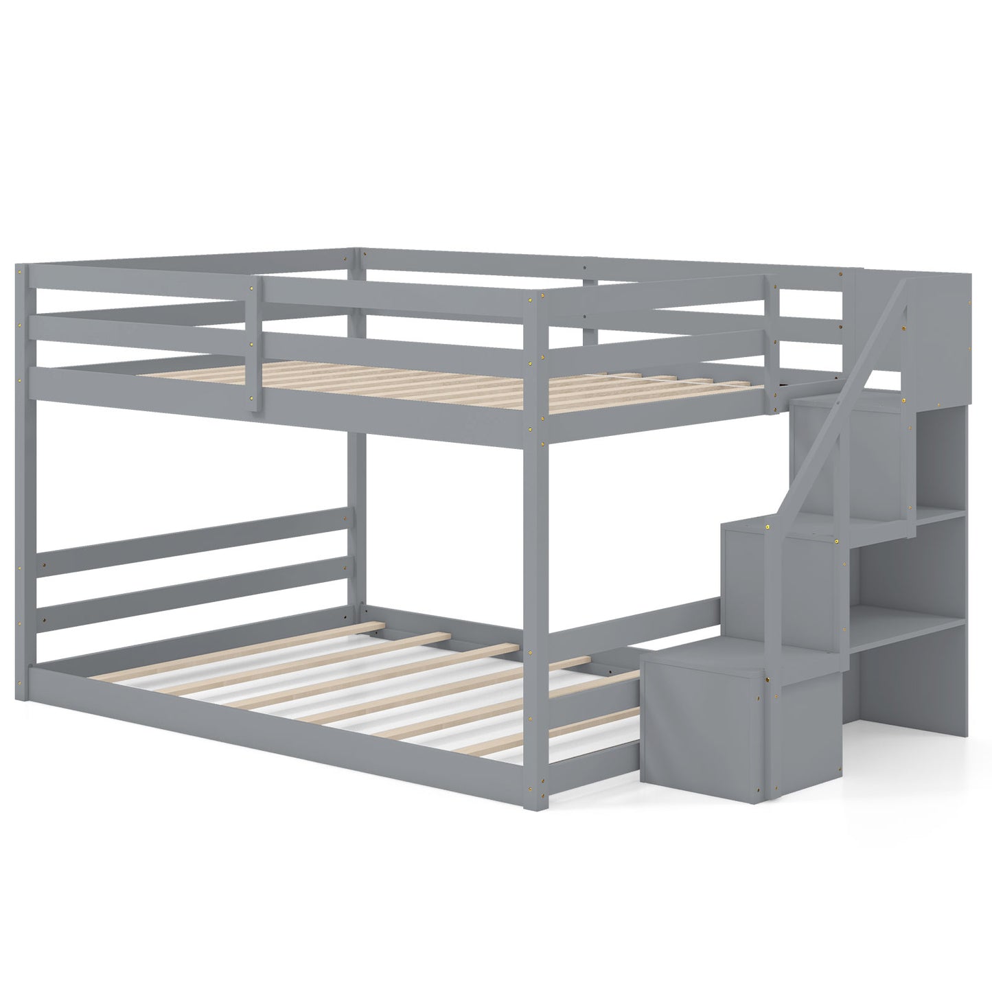 Solid Wood Full Over Full Low Bunk Bed with Storage Stairs-Gray - Gray