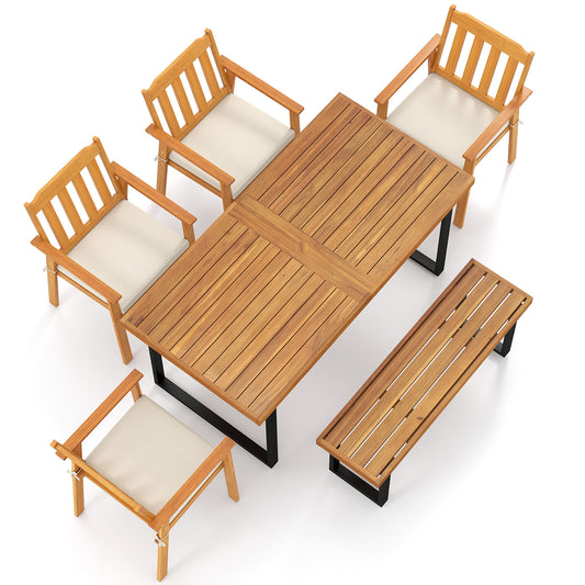 6 Pieces Patio Dining Table Set 63” Rectangle Table with 4 Acacia Wood Armchairs and Backless Bench