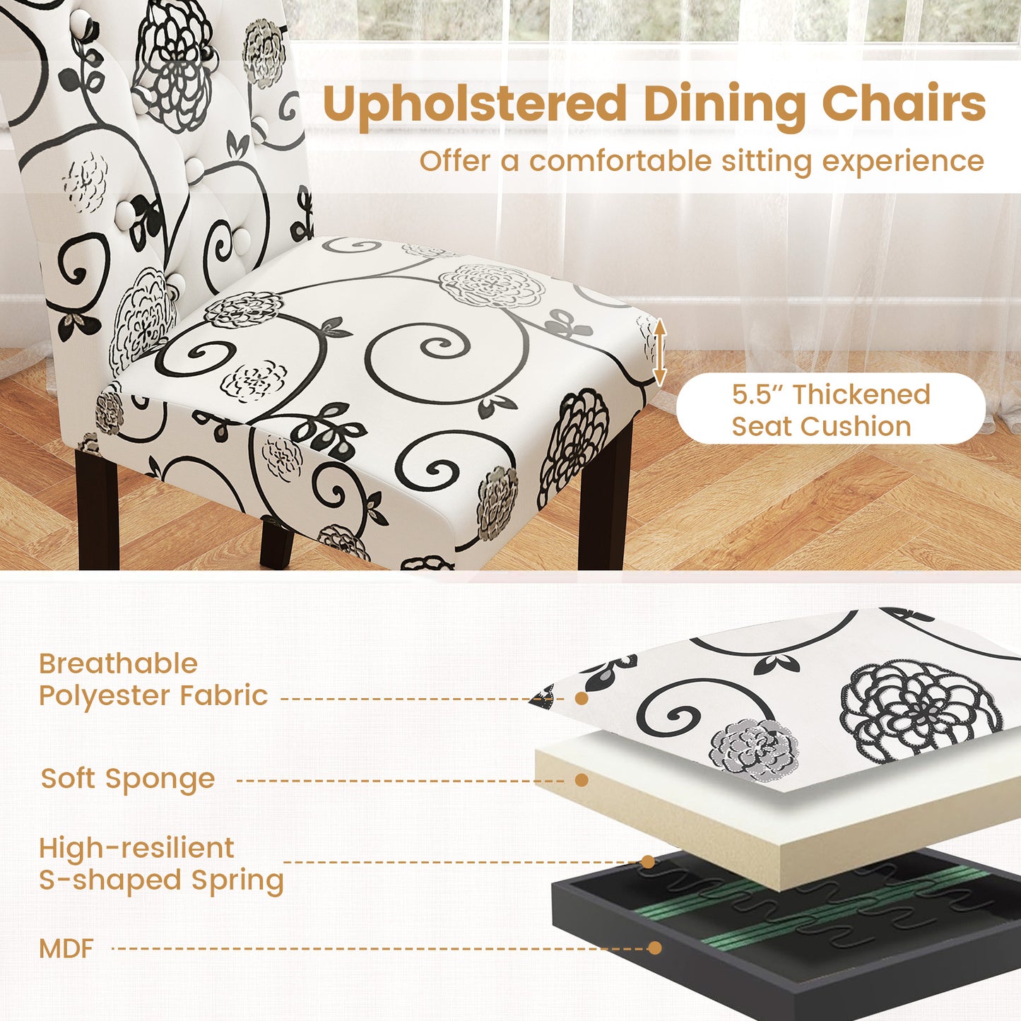 Button Tufted Fabric Upholstered Wooden Dining Chair Set of 2 with High Curved Back-Beige