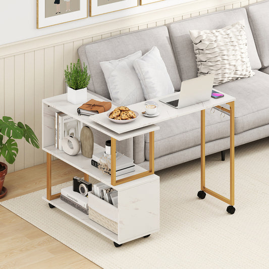 360° Rotating Sofa Side Table with Storage Bookcase and Hooks for Living Room-White