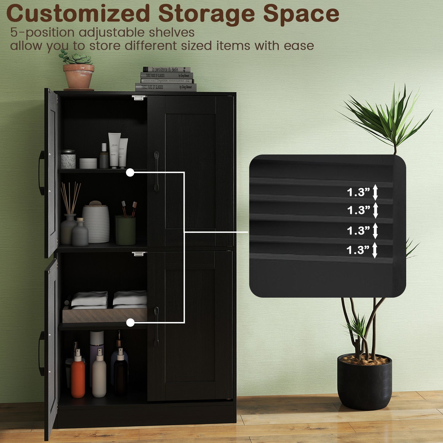 Bathroom Cabinet 43.5 inch Storage Cabinet with Doors and Adjustable Shelves-Black