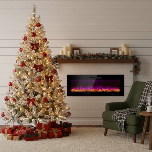 Ultimate Holiday Décor Suite: Pre-Lit Snow Flocked Christmas Tree & 50" Recessed Electric Fireplace Set