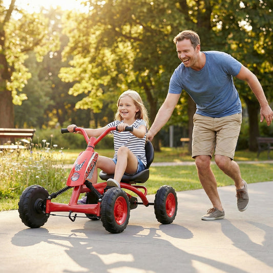Go Kart for Kids 4 Wheel with Steering Handlebars and Adjustable Seat-Red
