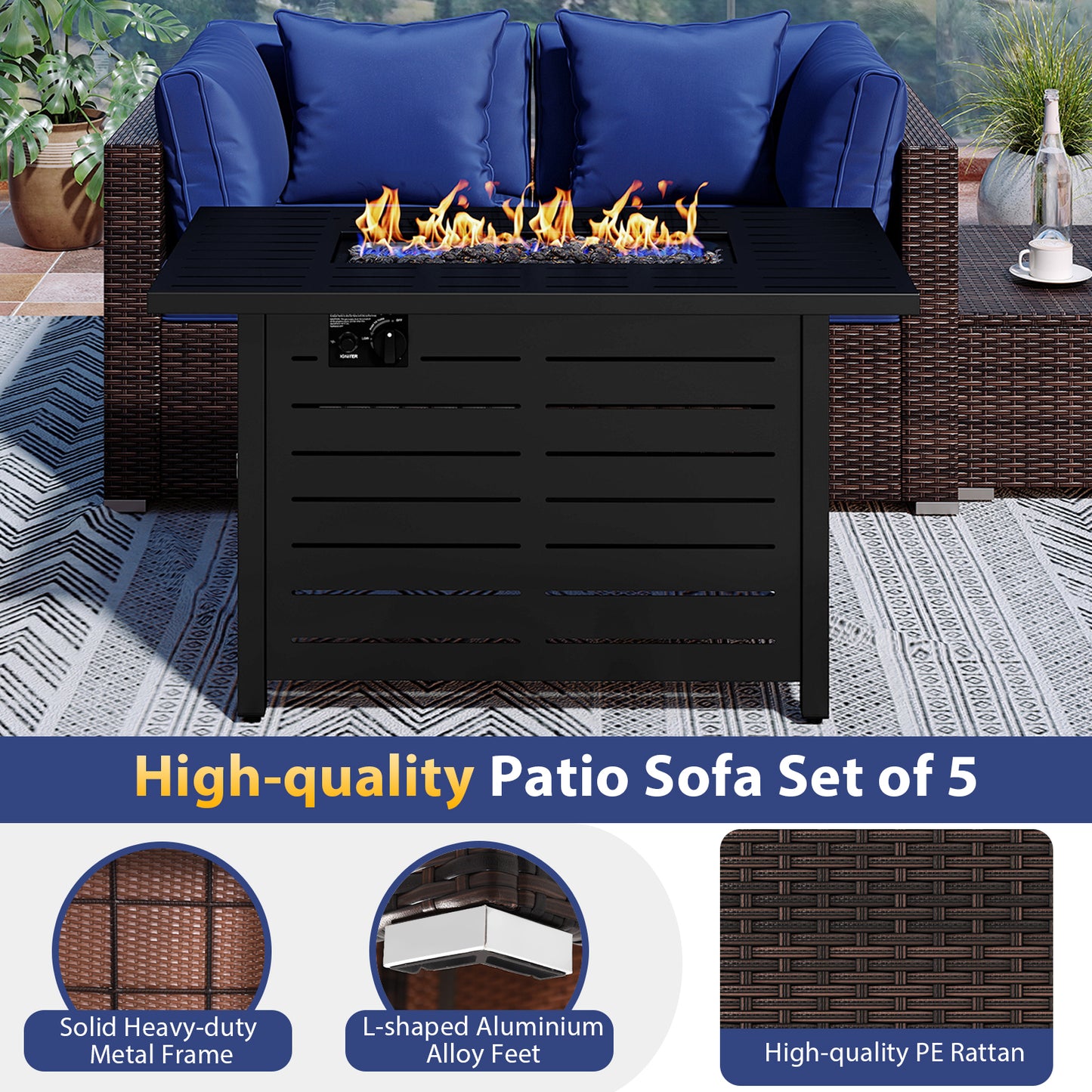 Heavy-duty Frame Rattan Sofa Set with 60000 BTU Firepit Table-Navy