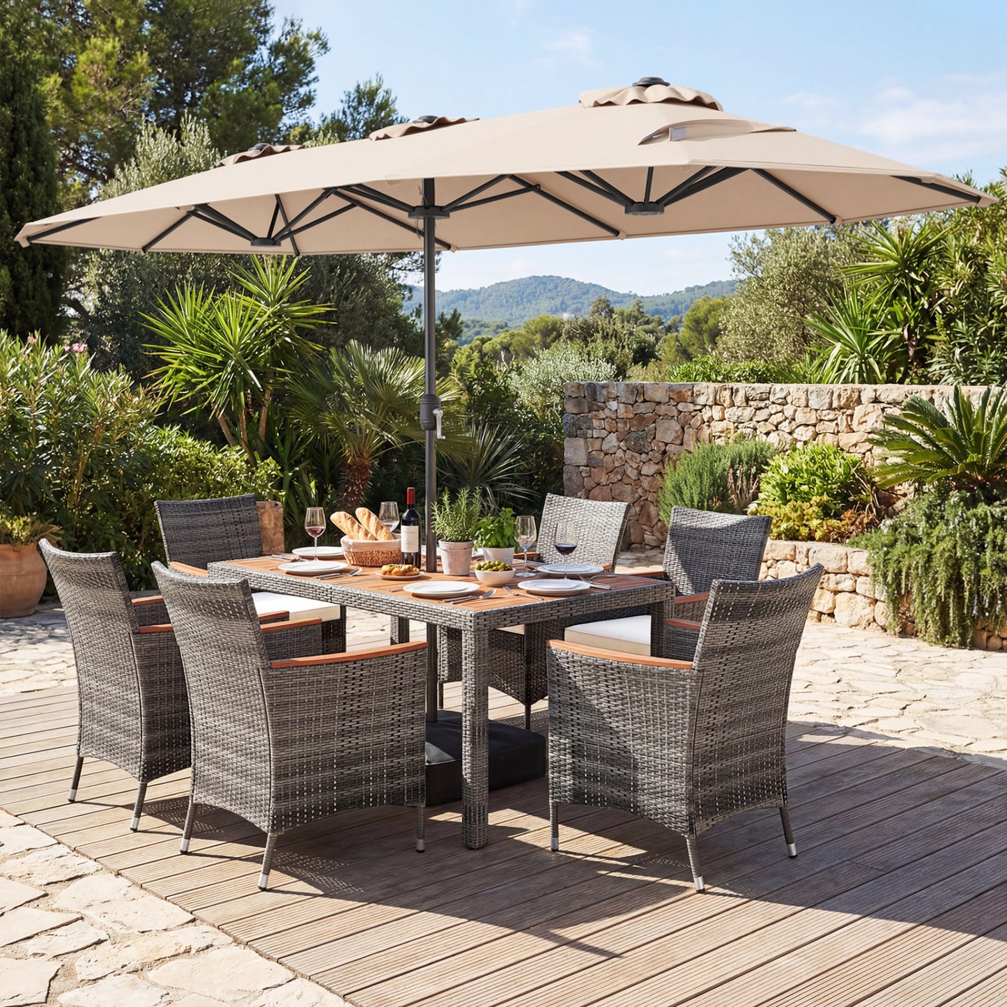 8-Piece Patio Dining Set with Double-Sided Market Umbrella-Beige
