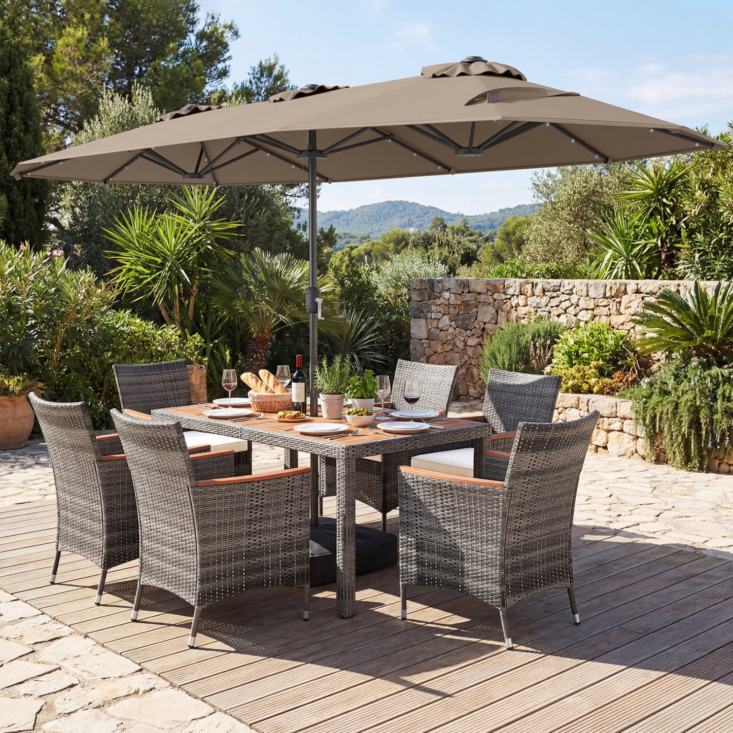8 Pieces Outdoor Wicker Dining Furniture and 13.5 FT Double-Sided Patio Umbrella-Brown