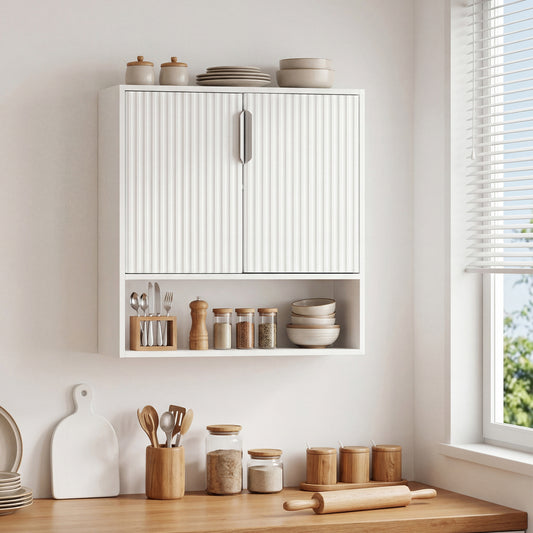 Bathroom Wall Cabinet with 2 Fluted Doors and Open Cube and Adjustable Shelf