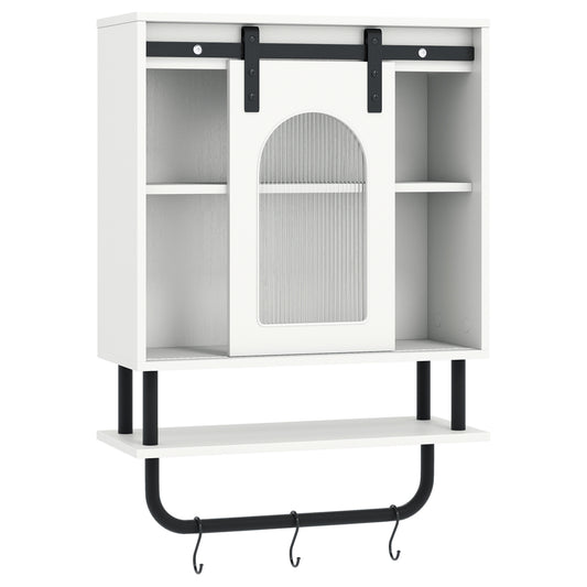 Bathroom Wall Cabinet with Sliding Barn Door and Metal Hanging Bar with 3 Hooks