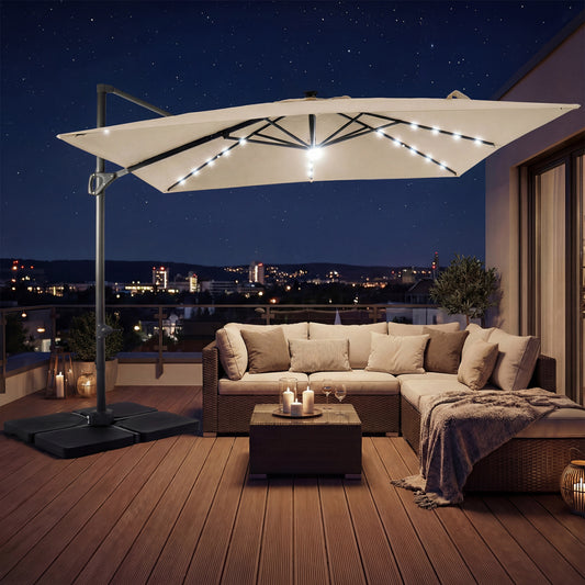 10 FT Cantilever Patio Umbrella with Solar LED Lights & Base
