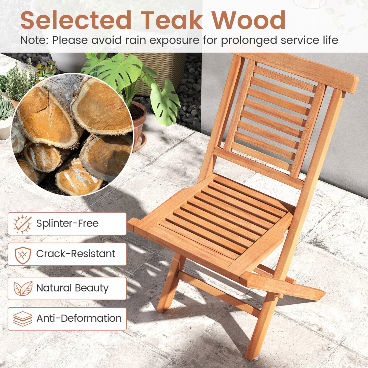 Teak Wood Folding Patio Dining Chairs Set of 2