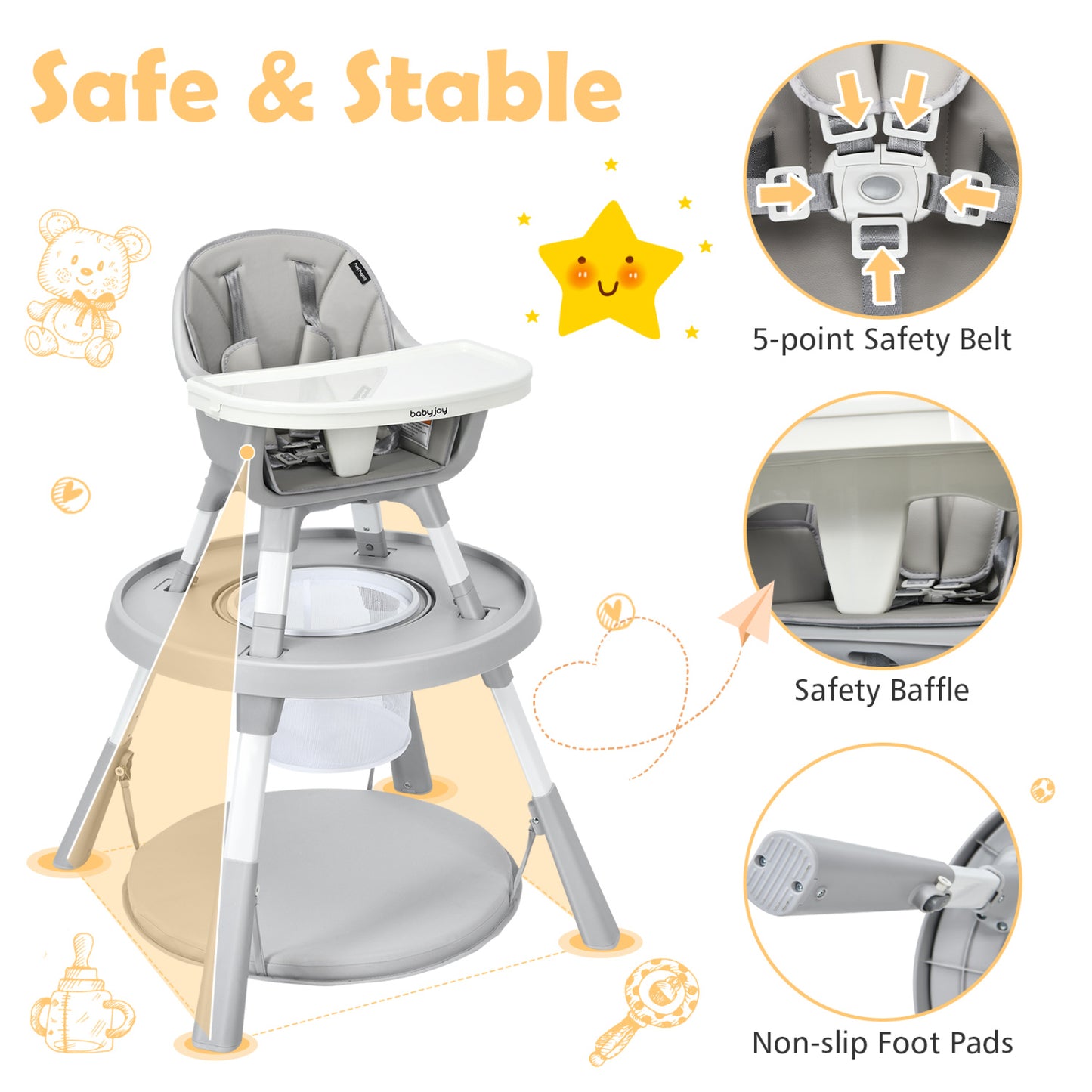 5-in-1 Convertible Baby High Chair with Adjustable Height