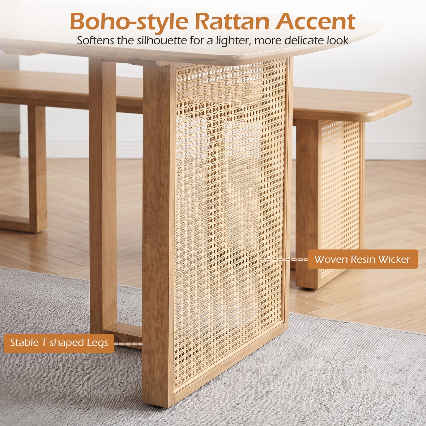 55" Dining Table Set with 2 Benches - Solid Rubber Wood