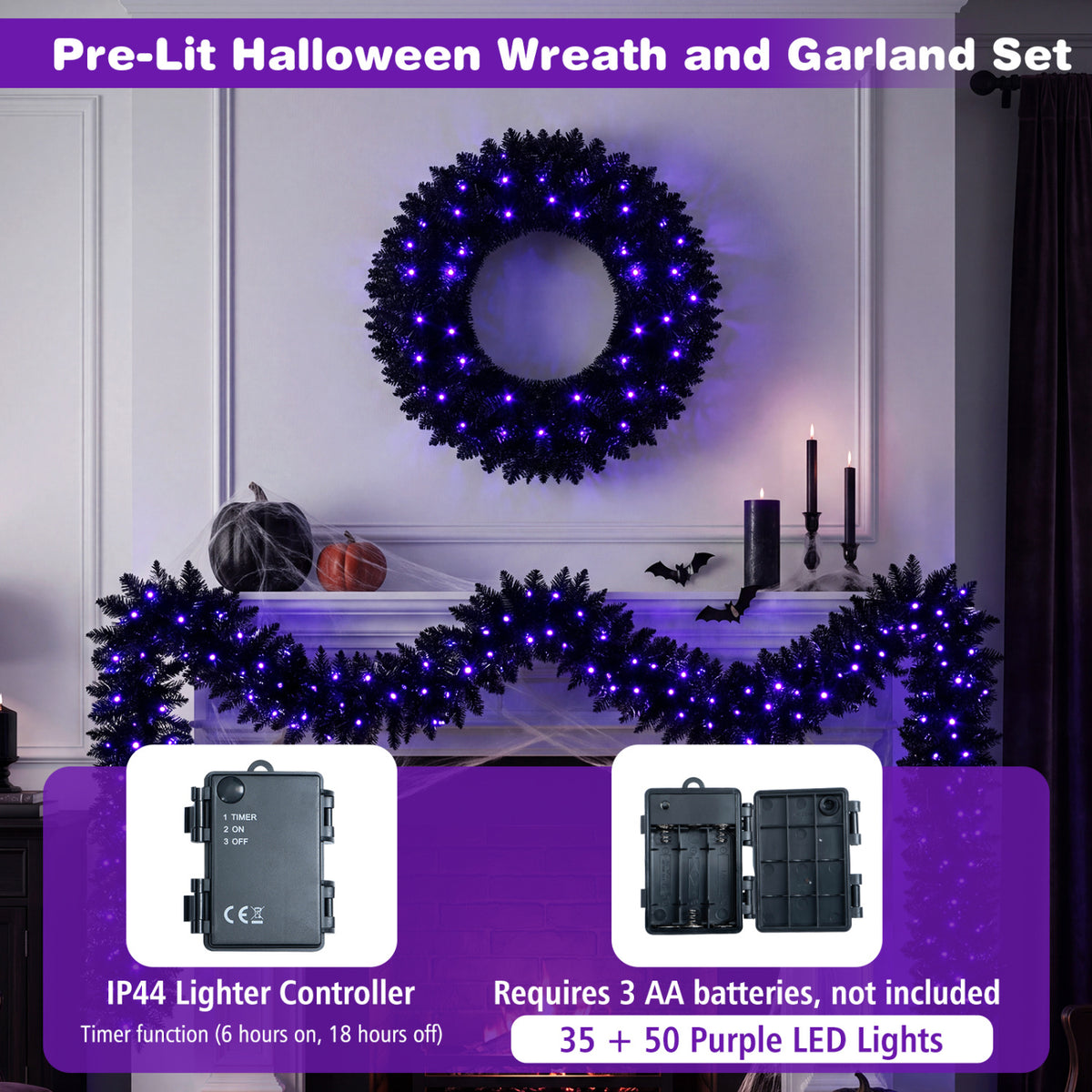 24" Halloween Wreath & 9 FT Garland Set with LED Lights