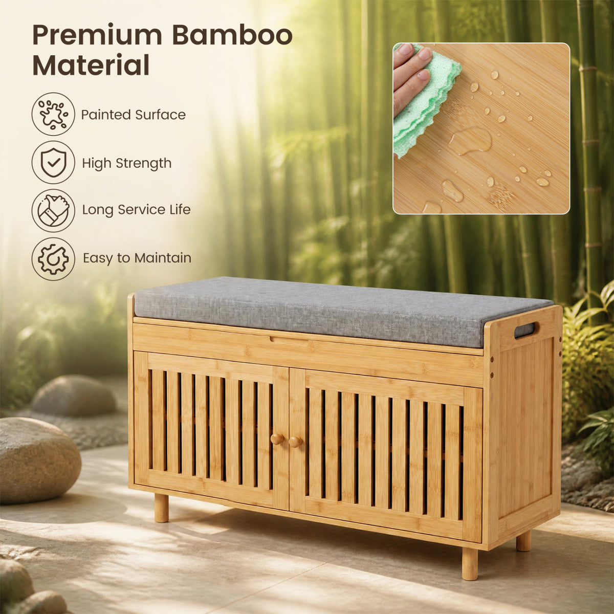 Bamboo Shoe Storage Bench with Lift Top & Cushion, 36"