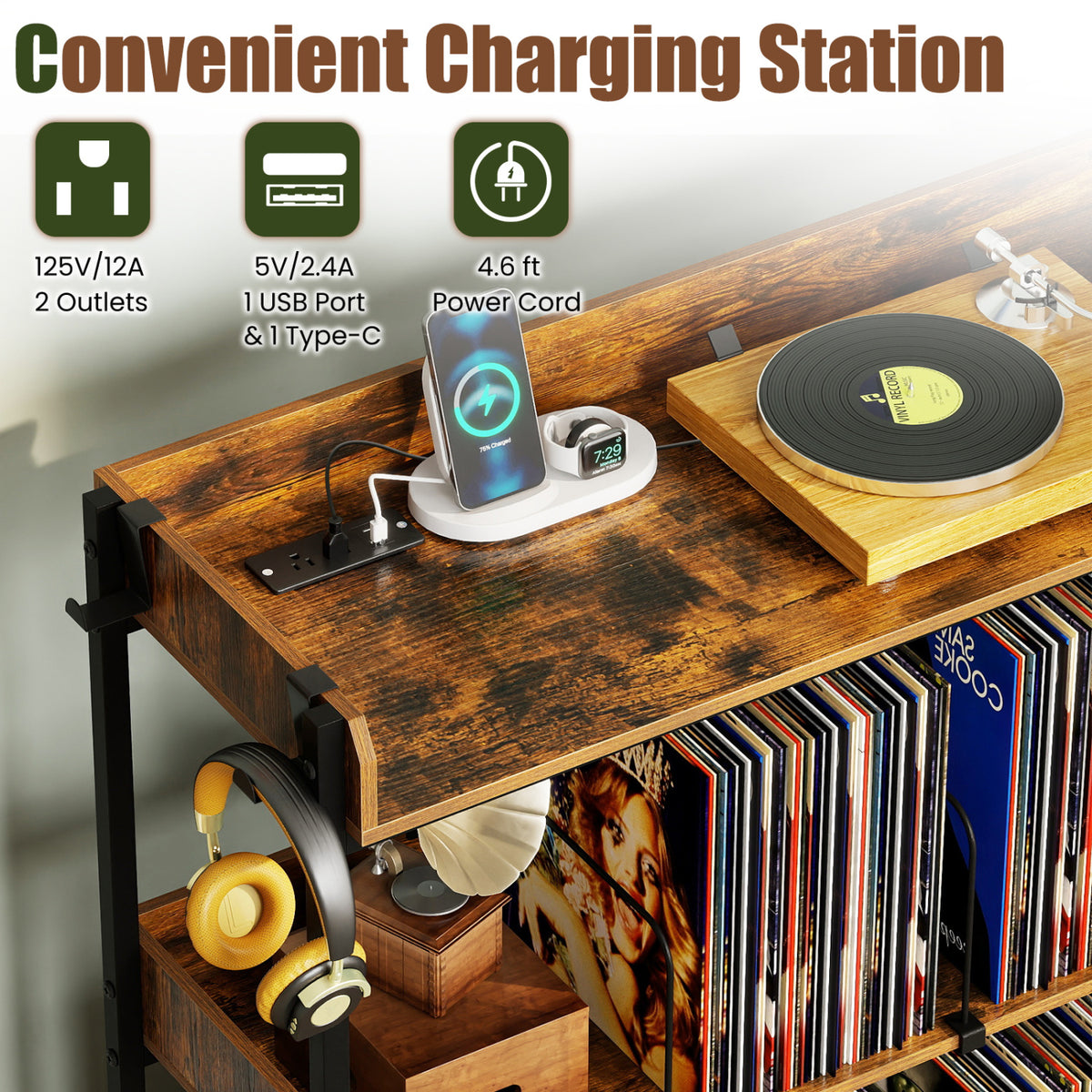 3-Tier Record Player Stand with Power Outlets & Metal Dividers
