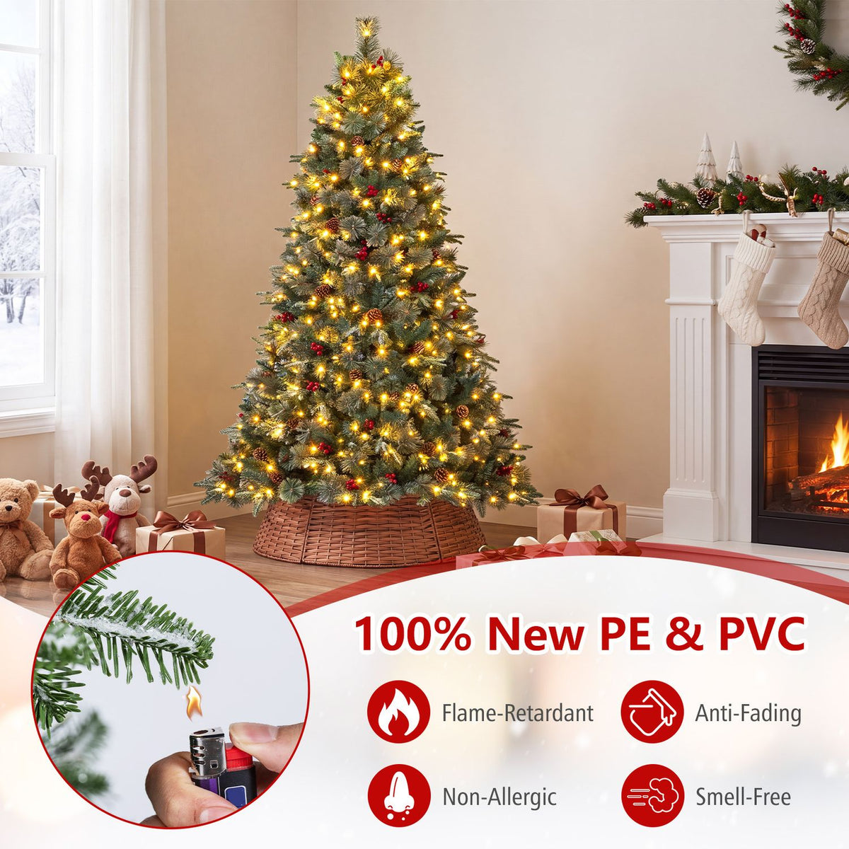7 FT Christmas Tree and 36” Rattan Tree Collar Set with Wicker Tree Ring and 1198 Branch Tips